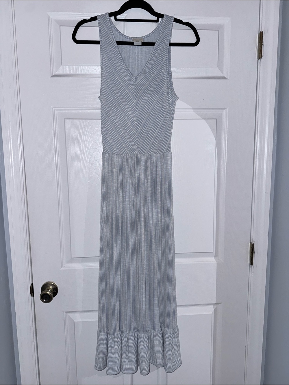 Caution To The Wind Light blue and white Ribbed V-Neck Midi Dress